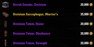 Offerings this weekend from Zanil Theran in Cicero’s Food & General Goods in Hollow City, Coldharbour: Orcish Wagon, Merchant 15,000g Orsinium Relief, Malacath 25,000g Orsinium Statue, Head 25,000g Orsinium Statue, Honor's Rest 25,000g Orsinium Tent, Chief's 15,000g